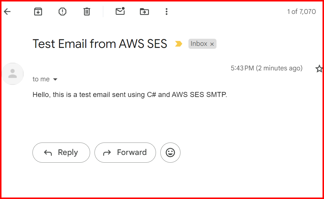 Picture showing  mail sent using SES credentials